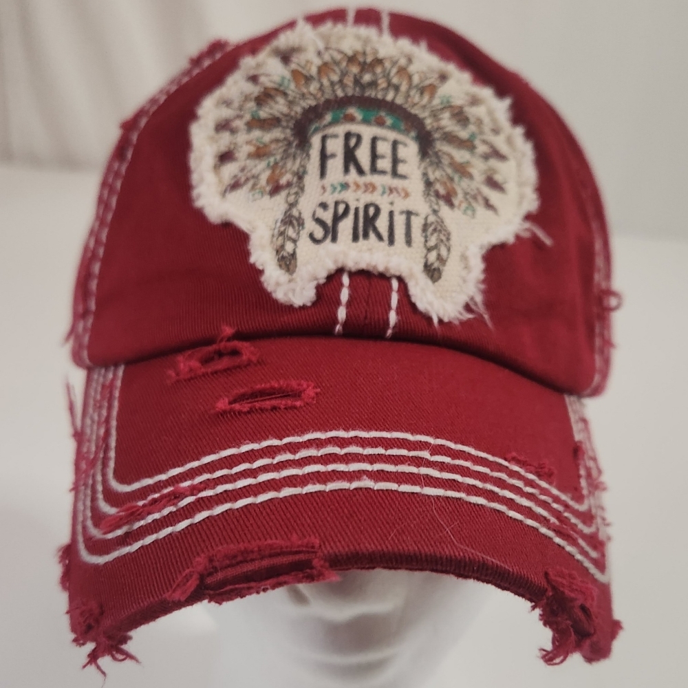 Vintage Distressed Hat Cap Adjustable Red with Free Spirit on front